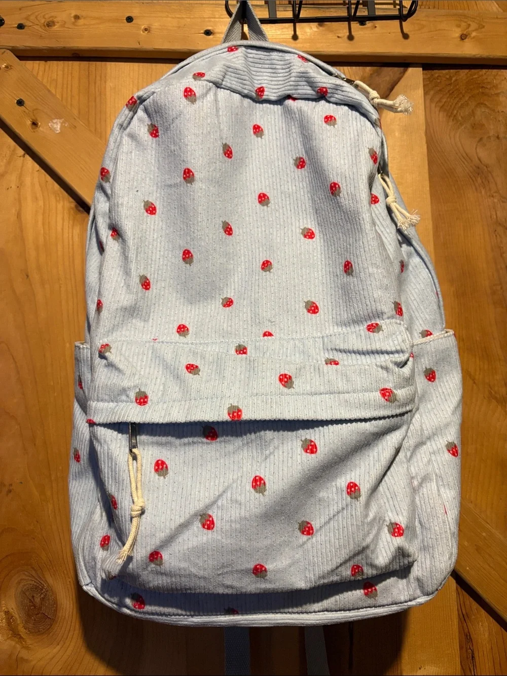 Light Blue Corduroy Kids Backpack with Strawberry Motif and Matching Pouch